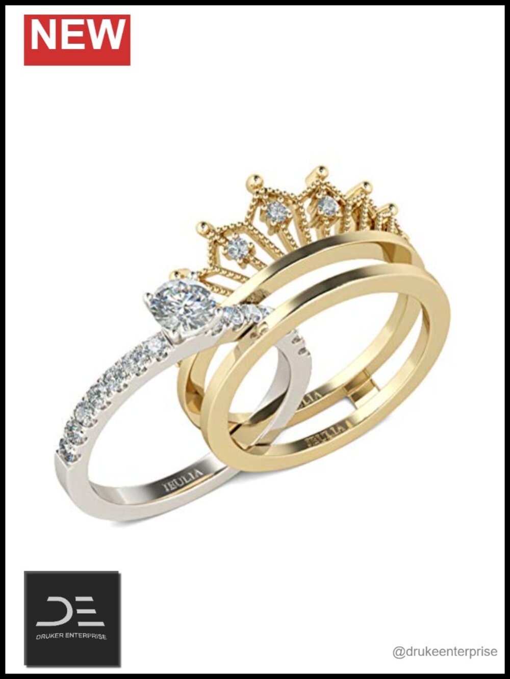 2 Carat Crown Sterling Silver Ring Set Gold Plated Cubic Zirconia Wedding